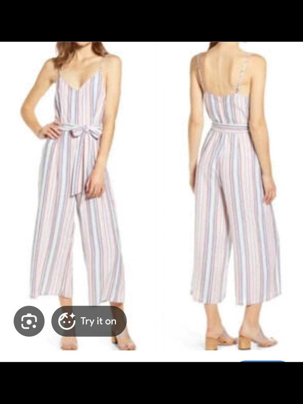 dip Striped Sleeveless Tie-Waist Jumpsuit - White with Pastel Stripes